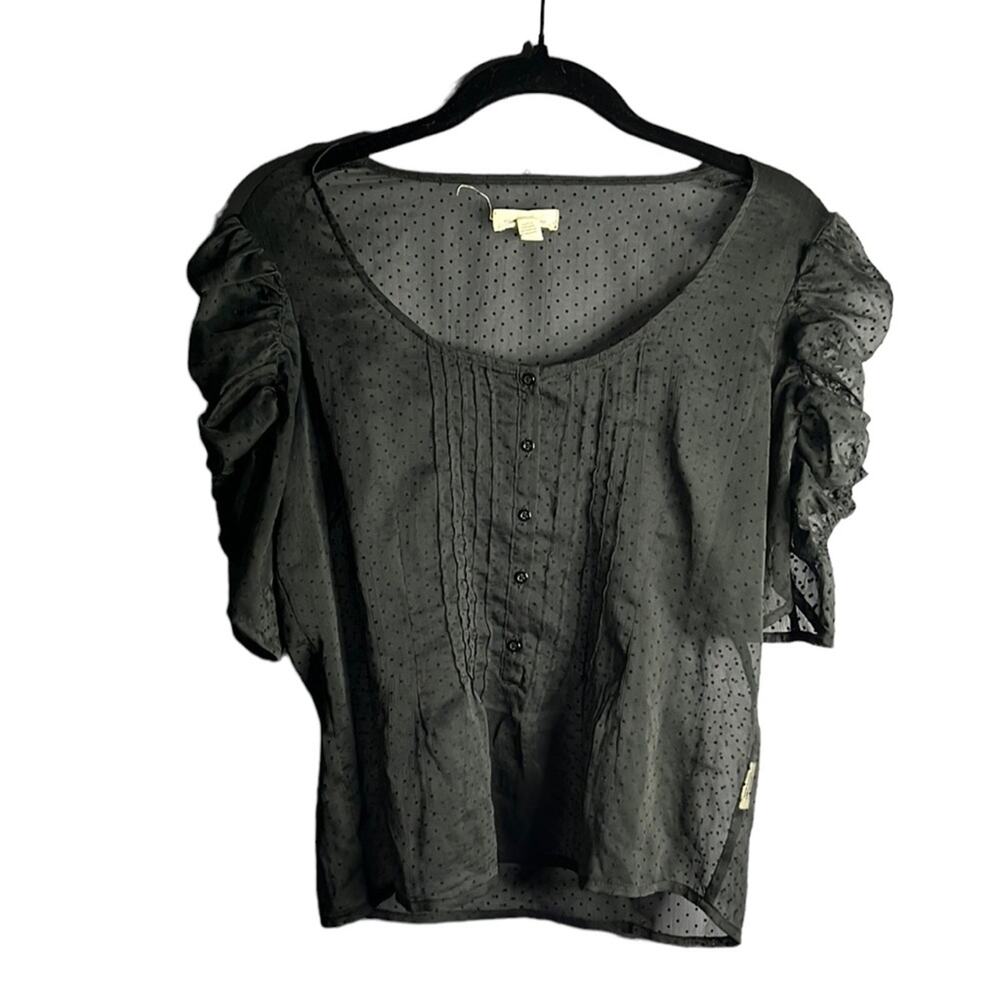 Silence + Noise Black Pin Dot Sheer Puff Sleeve Blouse Small